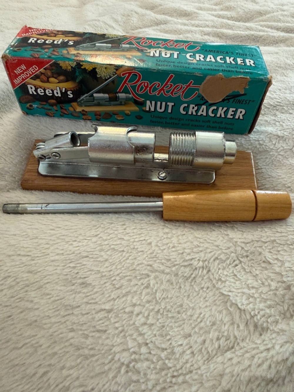 Vintage Reed's Rocket Nut Cracker - Silver & Wood, with box!